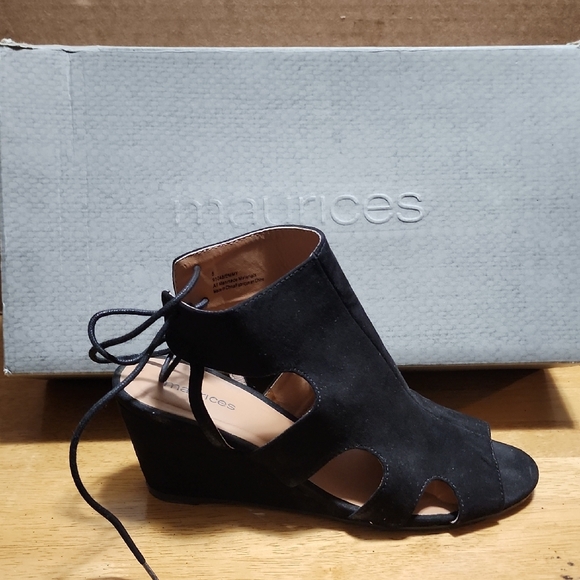 Maurices Black Suede Cutout Lace-Up Wedge Sandals - Picture 2 of 3